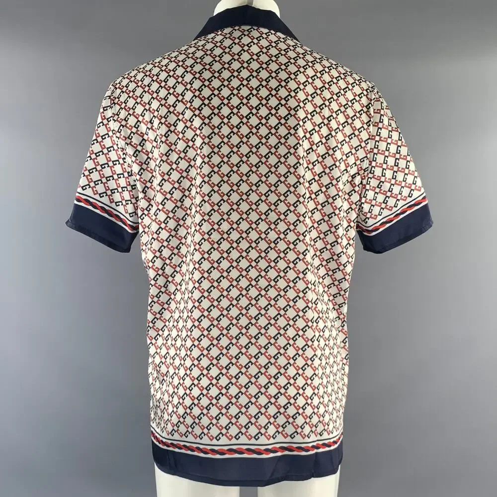 GUCCI Size 38 White Navy & Red Monogram Silk Camp Short Sleeve Shirt